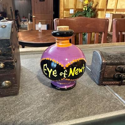 EYE OF NEWTON POTION BOTTLE, WOODEN TRINKET TREASURE CHEST WITH FAUX GEMS AND TREASURE, MINI TRINKET TREASURE CHEST AND WIZARD WAND WITH...