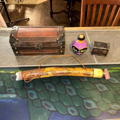 EYE OF NEWTON POTION BOTTLE, WOODEN TRINKET TREASURE CHEST WITH FAUX GEMS AND TREASURE, MINI TRINKET TREASURE CHEST AND WIZARD WAND WITH...
