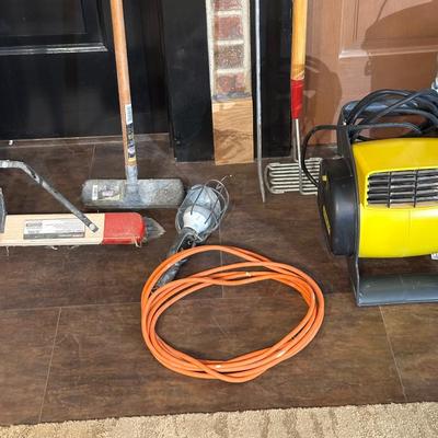 STANLEY BLOWER FAN, PUSH BROOM, SHOP LIGHT, TROUBLE LIGHT AND MORE