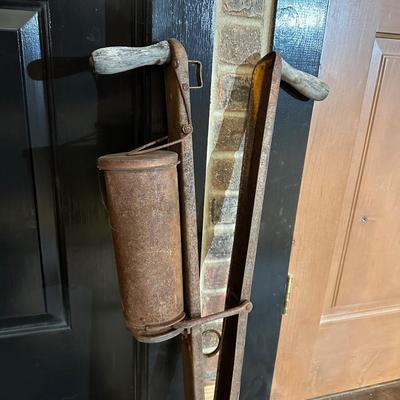 PRIMITIVE SEED PLANTER, STEEL GEAR AND A HORSE SHOE