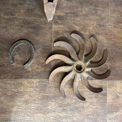 PRIMITIVE SEED PLANTER, STEEL GEAR AND A HORSE SHOE