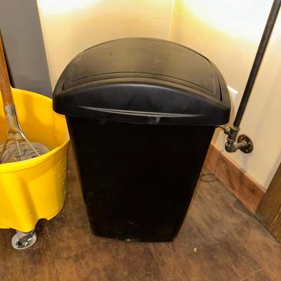 COMMERCIAL MOP BUCKET, MOP, WASTE CAN AND BROOM