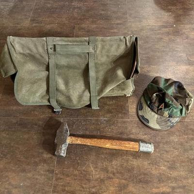 OLD MILITARY BAG, CAP AND SLEDGE HAMMER