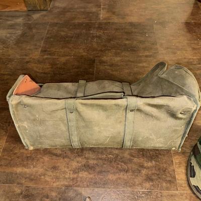 OLD MILITARY BAG, CAP AND SLEDGE HAMMER