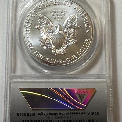 ANACS CERTIFIED 2016 MS70 SILVER EAGLE DOLLAR 1-OUNCE COIN AS PICTURED.