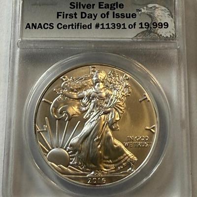 ANACS CERTIFIED 2016 MS70 SILVER EAGLE DOLLAR 1-OUNCE COIN AS PICTURED.