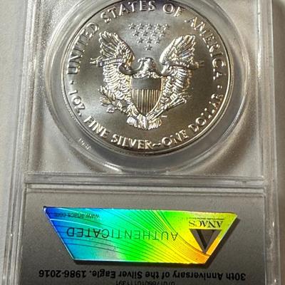 ANACS CERTIFIED 2016 MS70 SILVER EAGLE DOLLAR 1-OUNCE COIN AS PICTURED.