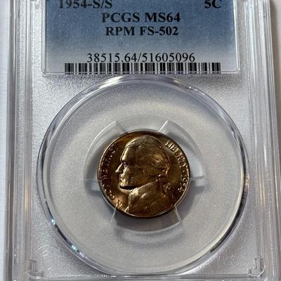 PCGS CERTIFIED 1954-S/S MS64 RPM-502 JEFFERSON NICKEL AS PICTURED.
