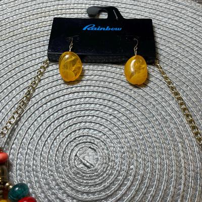 Vintage Adjustable Lucite Triple Strand Fashion Necklace by Rainbow w/Matching Earrings as Pictured. (New)