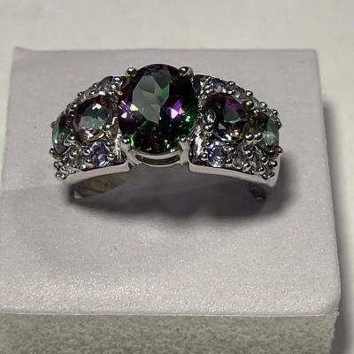 New Never Worn .925 Sterling Silver Designer Iridescent Colored Stone Band Ring Size-8.75 as Pictured.