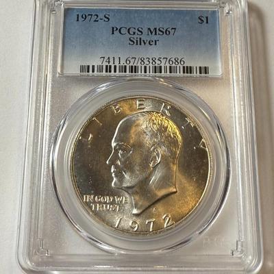 PCGS CERTIFIED 1972-S MS67 EISENHOWER SILVER DOLLAR AS PICTURED.