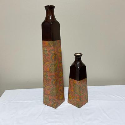 Cornucopia and 2 ceramic bronze/ paisley vases