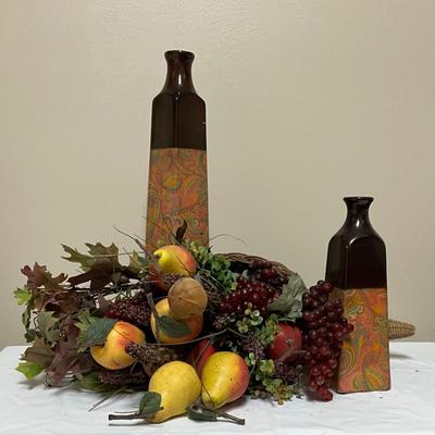 Cornucopia and 2 ceramic bronze/ paisley vases