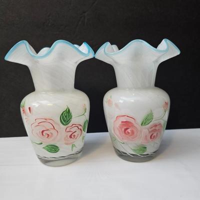 Beautiful blown glass vases with hand painted roses and a small jewelry / trinket box