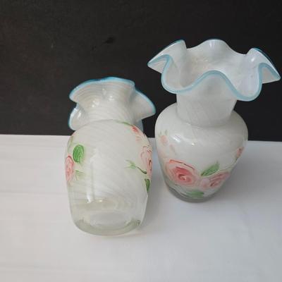 Beautiful blown glass vases with hand painted roses and a small jewelry / trinket box