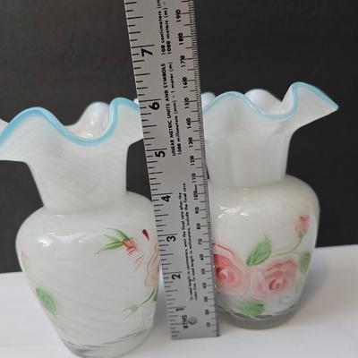 Beautiful blown glass vases with hand painted roses and a small jewelry / trinket box