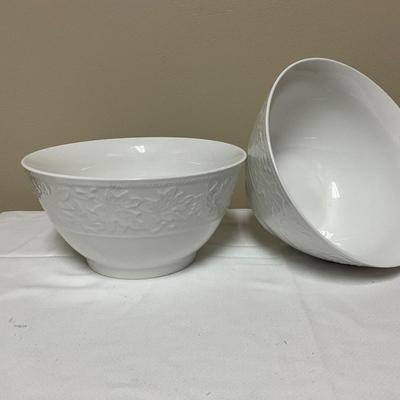 White glass serving bowls with leaf design