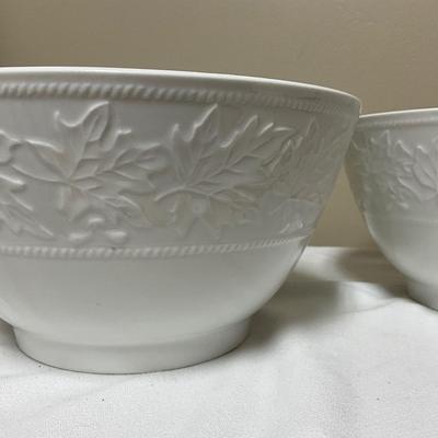 White glass serving bowls with leaf design