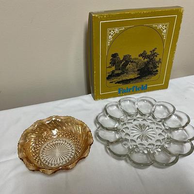 Vintage Fairfield Egg platter and vintage carnival glass bowl
