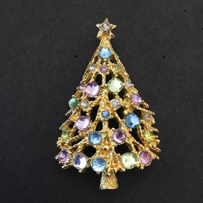 Vintage pastel gold tone, Christmas tree brooch
