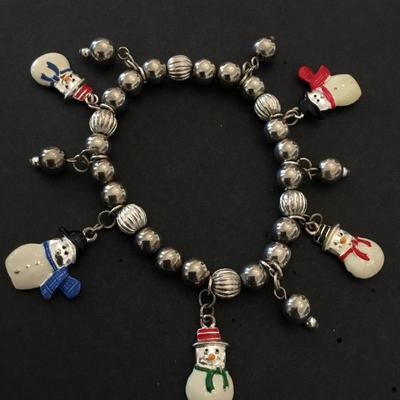 Vintage Silver tone enamel snowman, charm, stretch bracelet, vintage