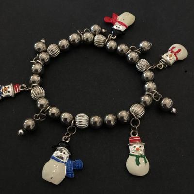 Vintage Silver tone enamel snowman, charm, stretch bracelet, vintage