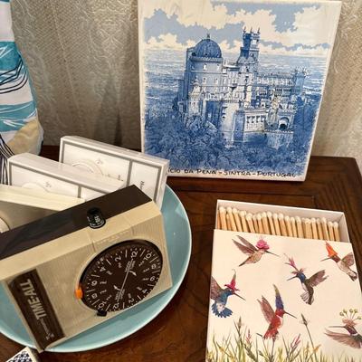 Bag, trivet, playing cards, matches, timers