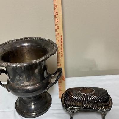 Gorham Heritage Silver Plate trophy cup champagne, chiller ice bucket, and FR Rogers Butterdish