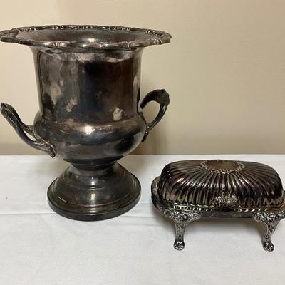 Gorham Heritage Silver Plate trophy cup champagne, chiller ice bucket, and FR Rogers Butterdish
