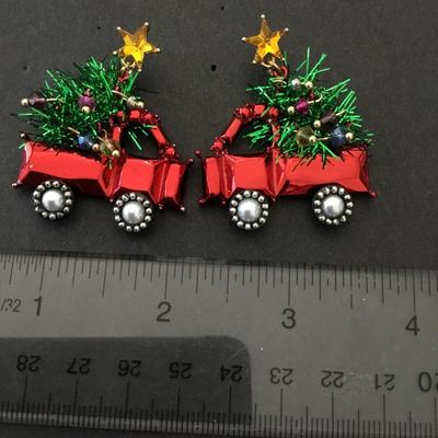 Vintage Super Cute Holiday Ln., Christmas tree, red truck statement earrings