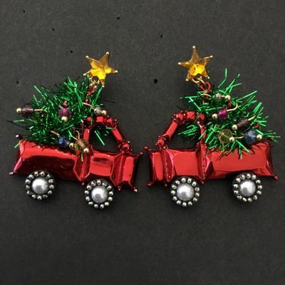 Vintage Super Cute Holiday Ln., Christmas tree, red truck statement earrings