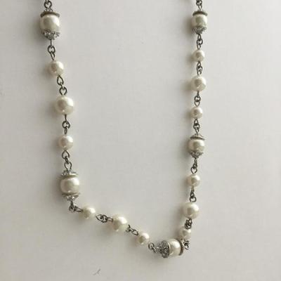 Silver tone white beaded collar necklace