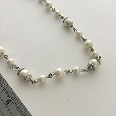 Silver tone white beaded collar necklace