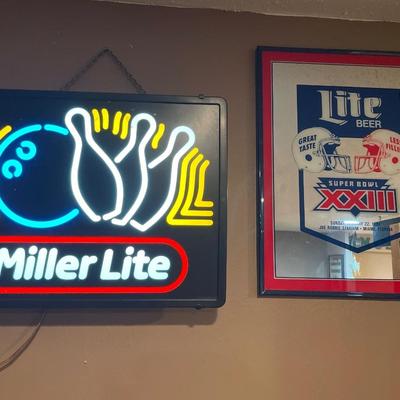 Miller Lite bowling sign with 1989 Super Bowl Lite beer mirror