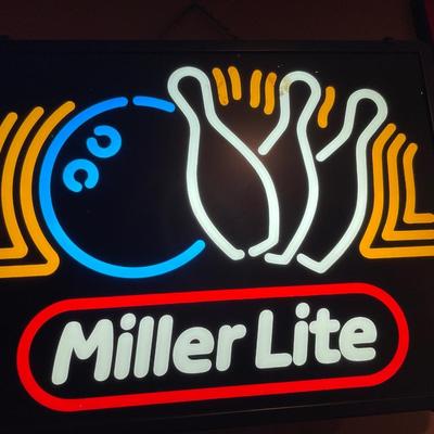 Miller Lite bowling sign with 1989 Super Bowl Lite beer mirror