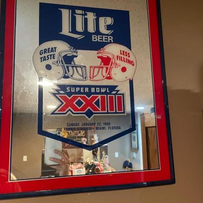 Miller Lite bowling sign with 1989 Super Bowl Lite beer mirror