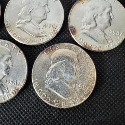 Lot (5) Franklin Half Dollars - 1958