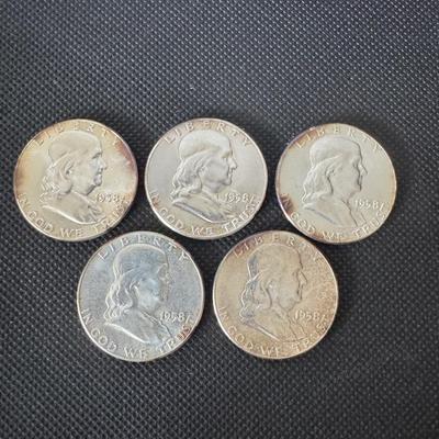 Lot (5) Franklin Half Dollars - 1958
