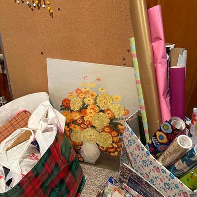 Wrapping paper & ribbons/bows plus painting & bulletin board