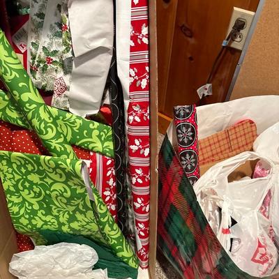 Wrapping paper & ribbons/bows plus painting & bulletin board