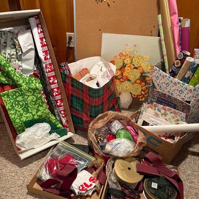Wrapping paper & ribbons/bows plus painting & bulletin board