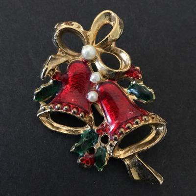 Vintage Christmas enamel bell brooch