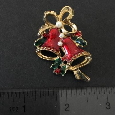 Vintage Christmas enamel bell brooch