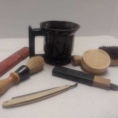 Collection of Vintage Shaving Items Includes Straight Razors, Shave Mug, and Other