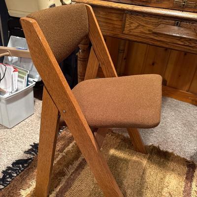 Oak roll-top desk & wood folding chair