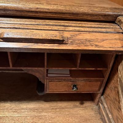 Oak roll-top desk & wood folding chair
