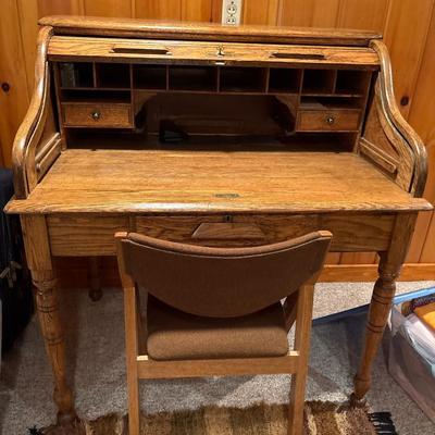 Oak roll-top desk & wood folding chair