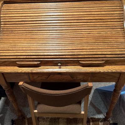 Oak roll-top desk & wood folding chair
