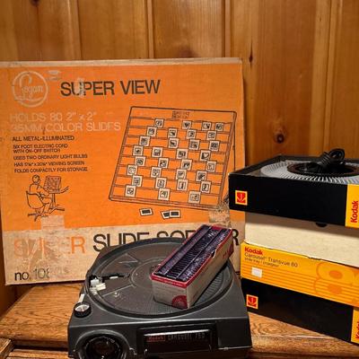 Slide projector, slide trays, and viewer