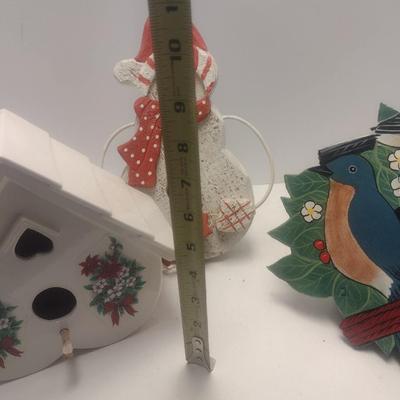 Set of Three Bird Houses Includes Ceramic House, Wood Snowman, and Cut Metal Hand Painted